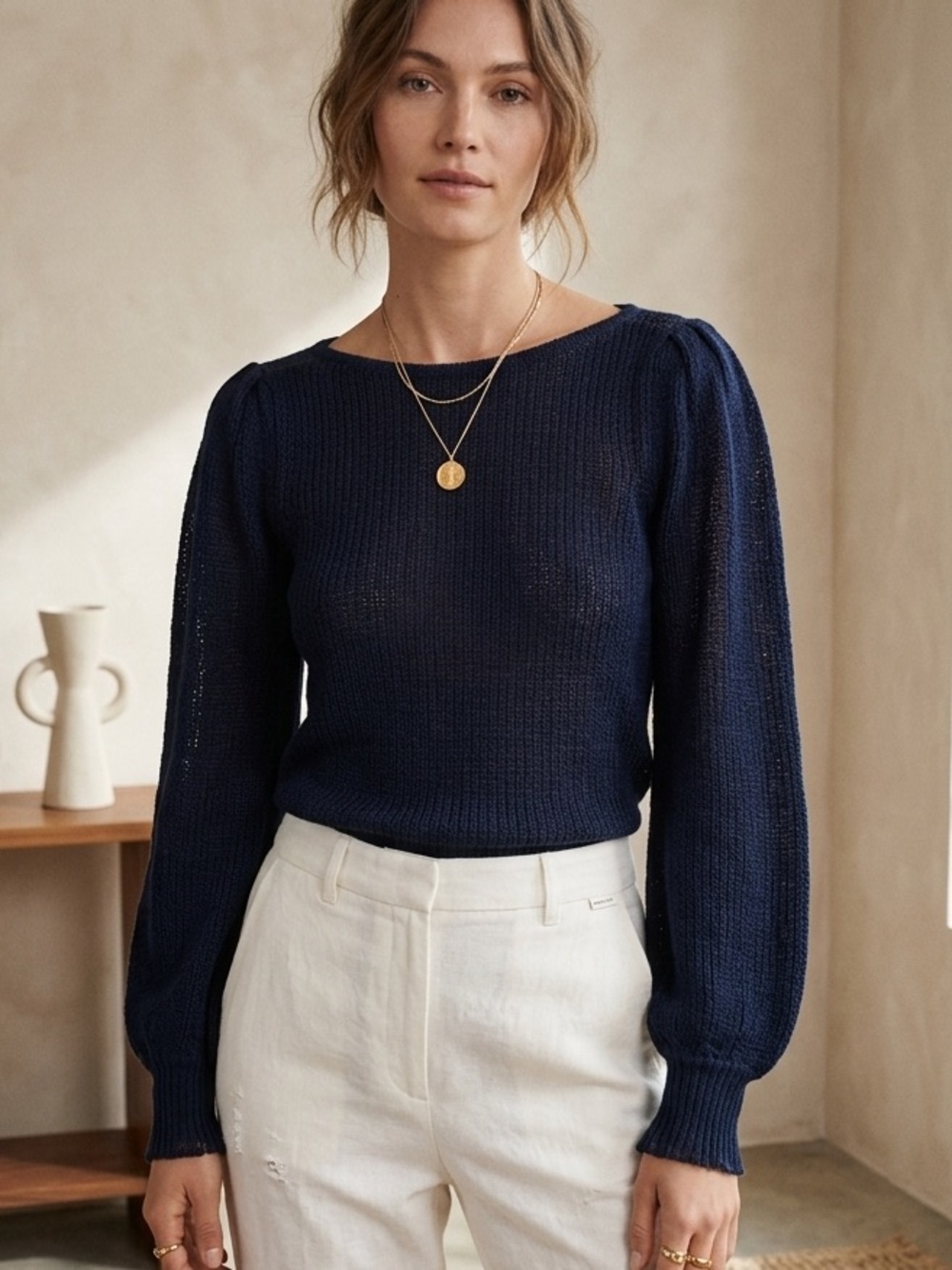 Demylee linen open knit crew long sleeve sweater Small